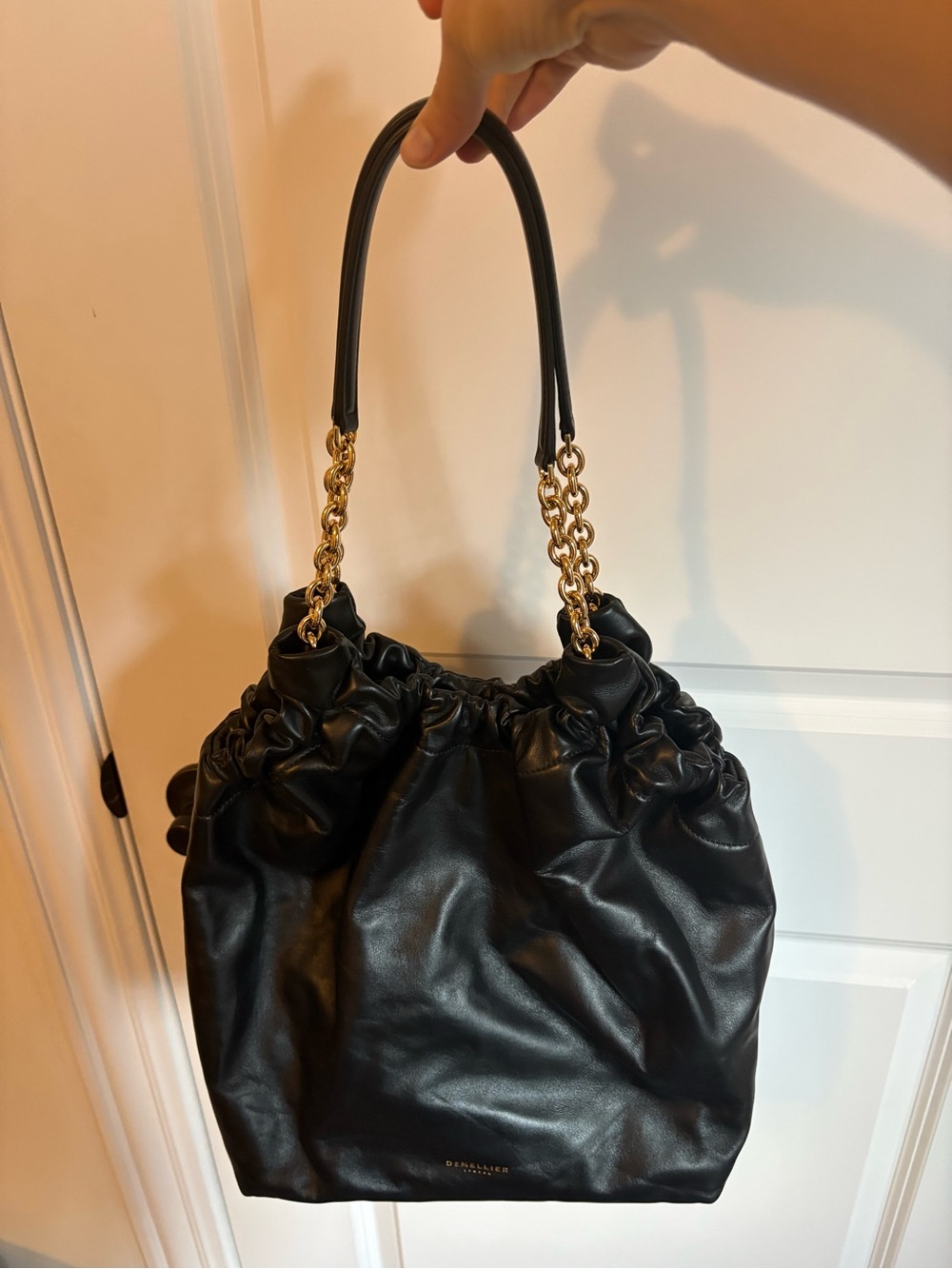 DeMellier London Black Leather Shoulder Bag with Gold Chain Handles